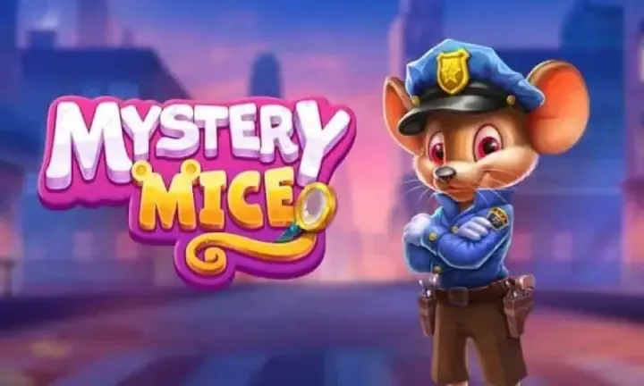 Mystery Mice slot game banner featuring a cartoon detective mouse in a blue police uniform, standing confidently with arms crossed, against a vibrant cityscape background. The game title 'Mystery Mice' is prominently displayed in bold, colorful text with a magnifying glass incorporated into the design