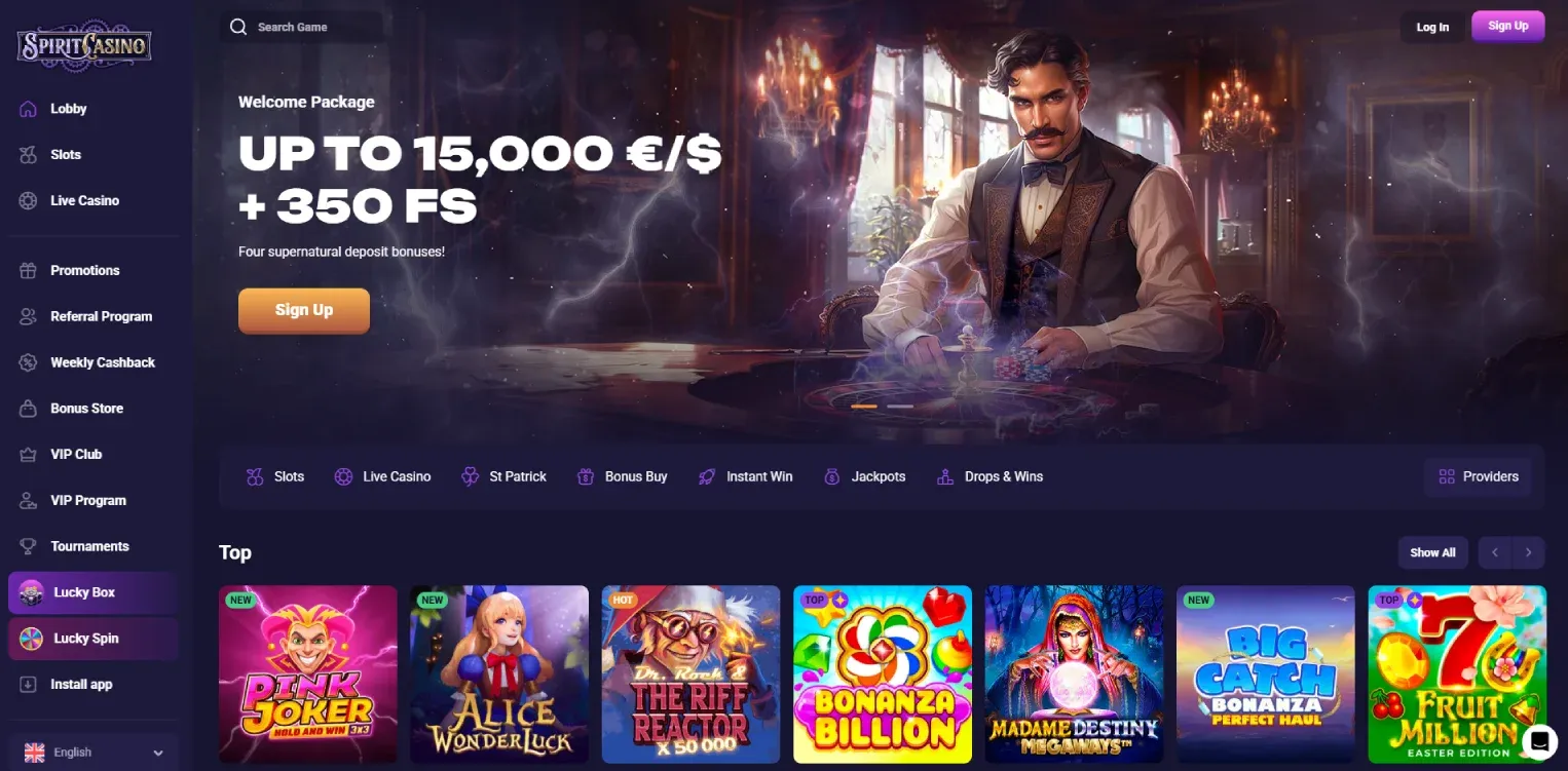 Spirit Casino home page
