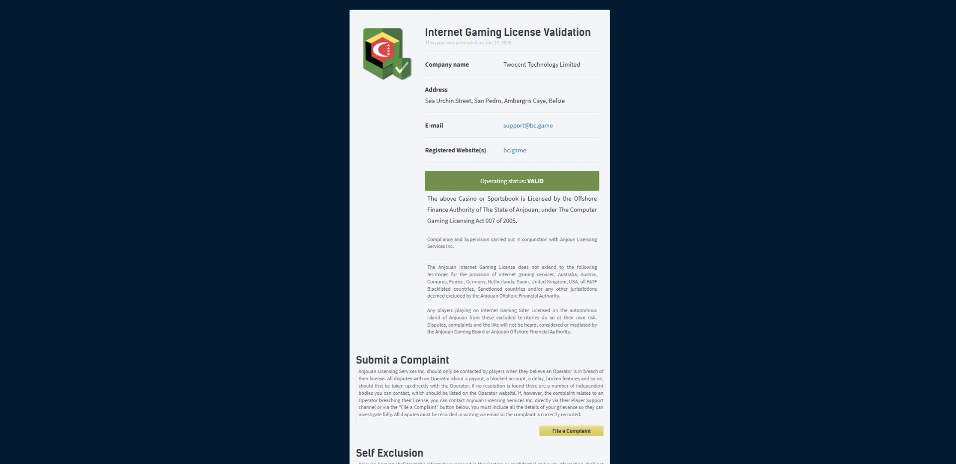 BC GAME License Information