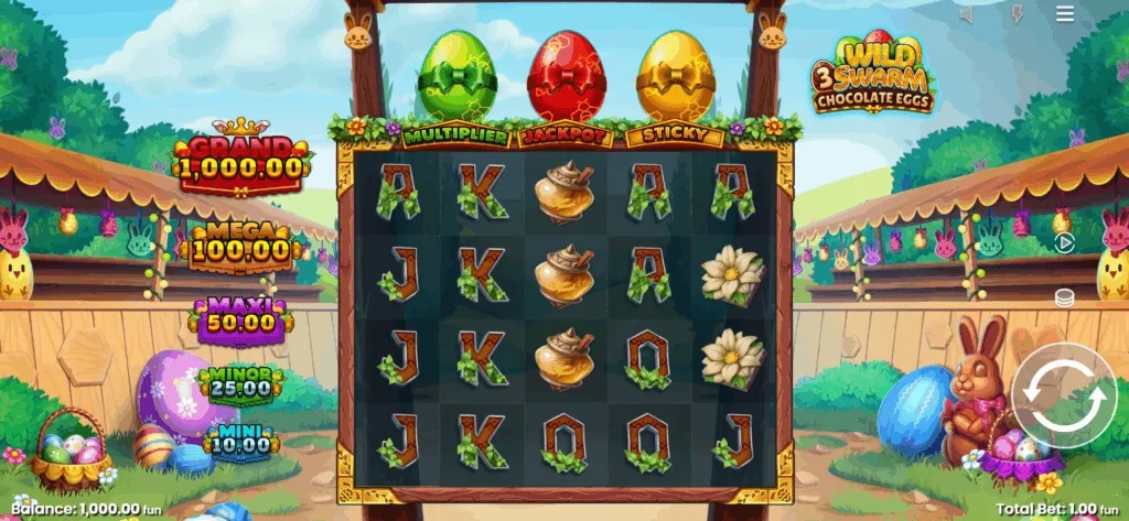 Capture d'écran du jeu de la machine à sous démo Wild Swarm 3 Chocolate Eggs de Push Gaming