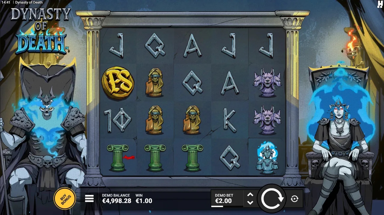 Capture d'écran du jeu de la machine à sous démo Dynasty of Death de Hacksaw Gaming