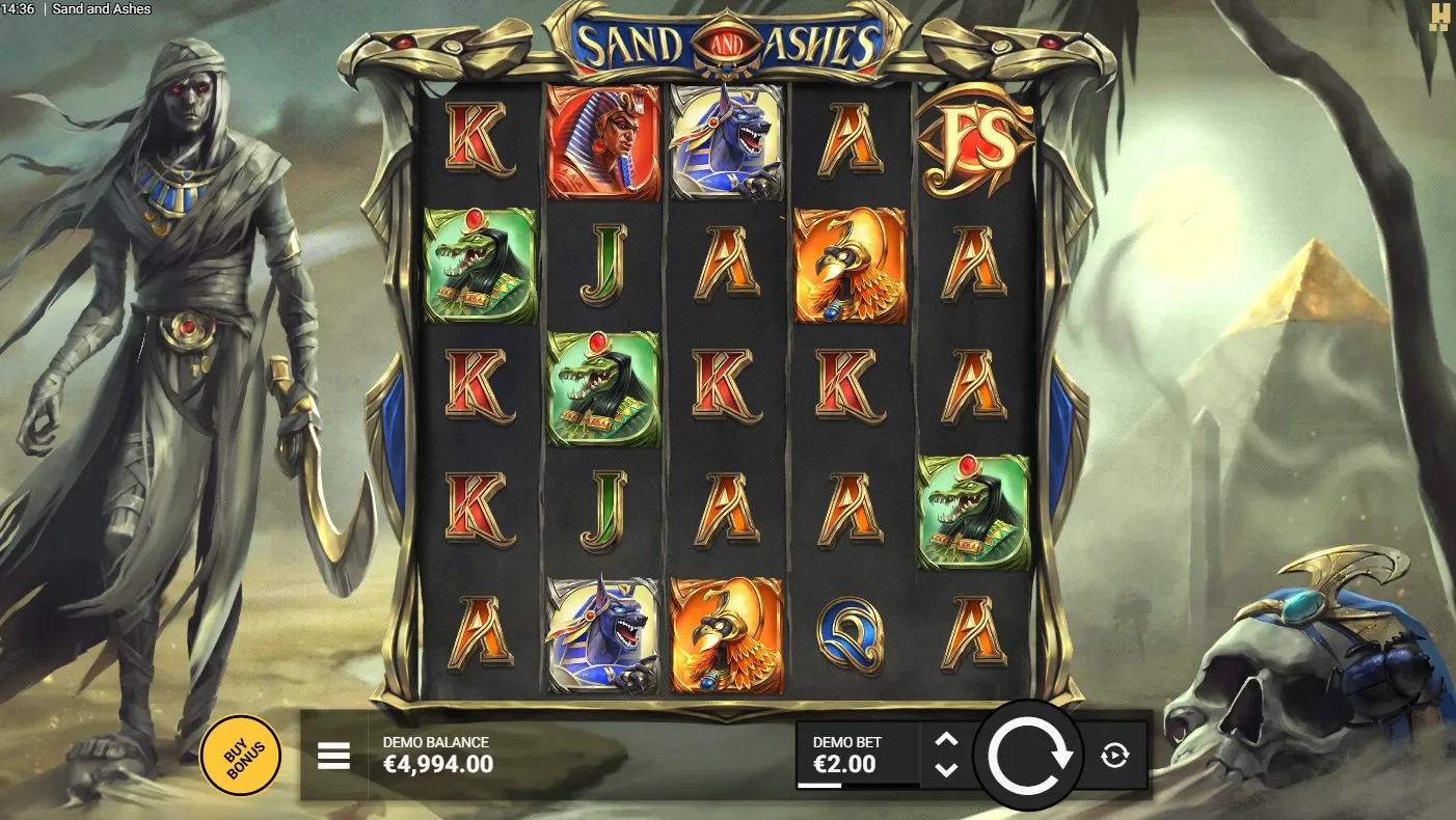 Gameplay-Screenshot des Sand and Ashes Demo-Slots von Hacksaw Gaming