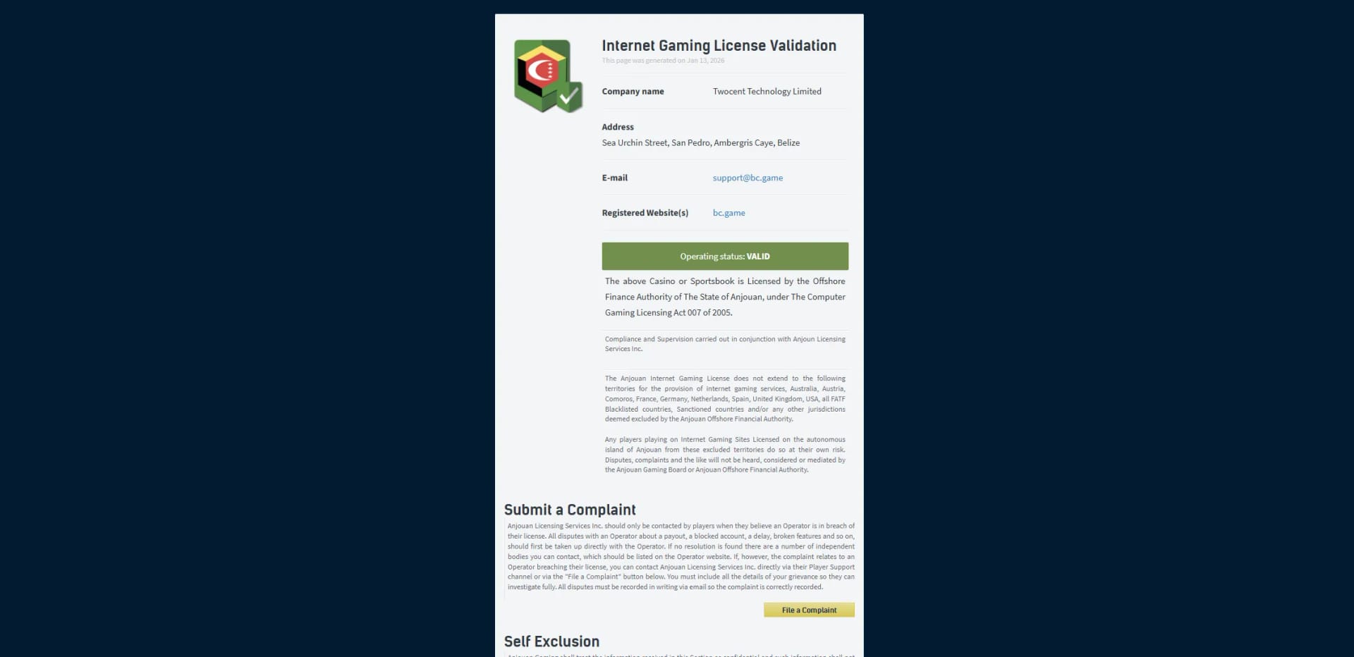 BC GAME License Information