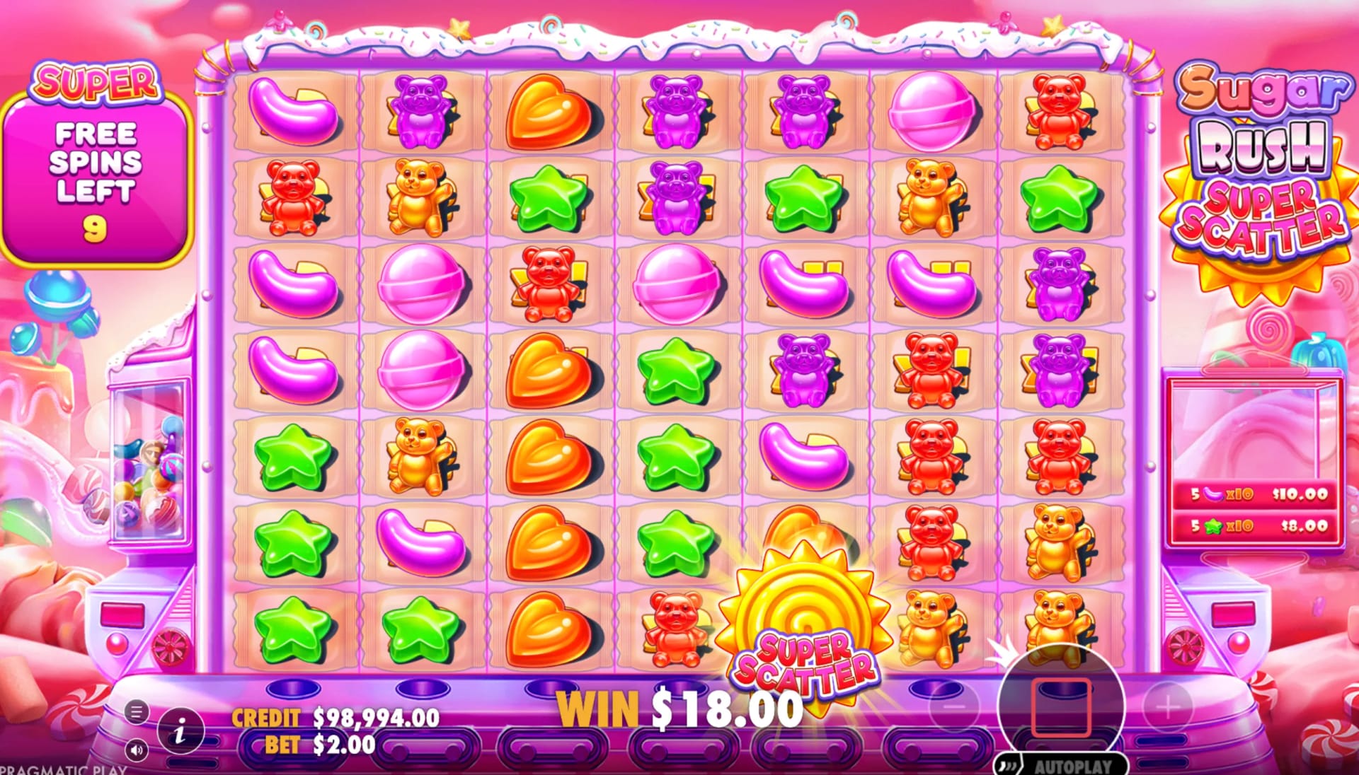 Gameplay-Screenshot des Sugar Rush Super Scatter Demo-Slots von Pragmatic Play