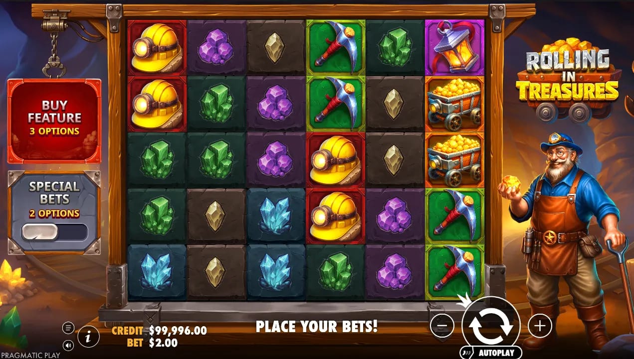 Gameplay-Screenshot des Rolling in Treasures Demo-Slots von Pragmatic Play