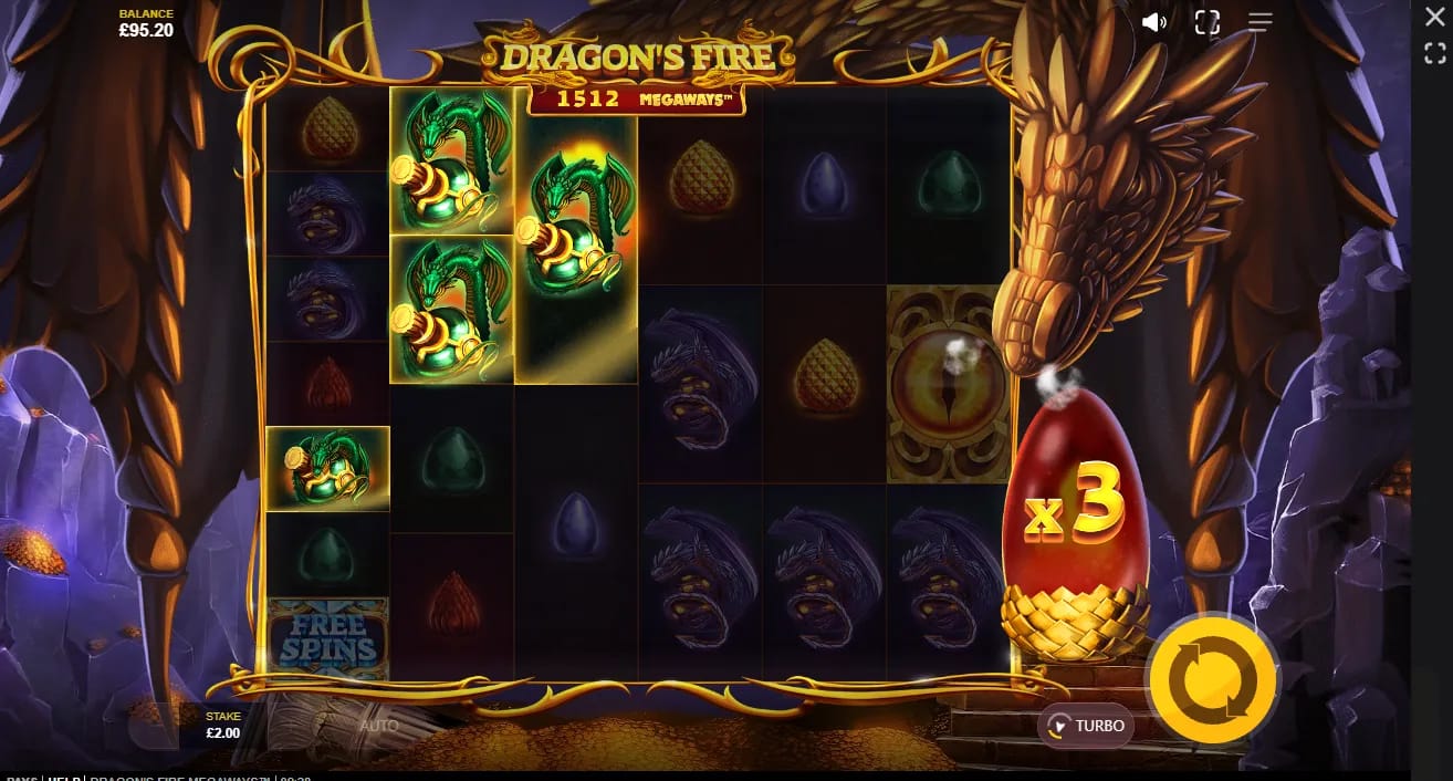 Capture d'écran du jeu de la machine à sous démo Dragon's Fire Megaways de Red Tiger Gaming