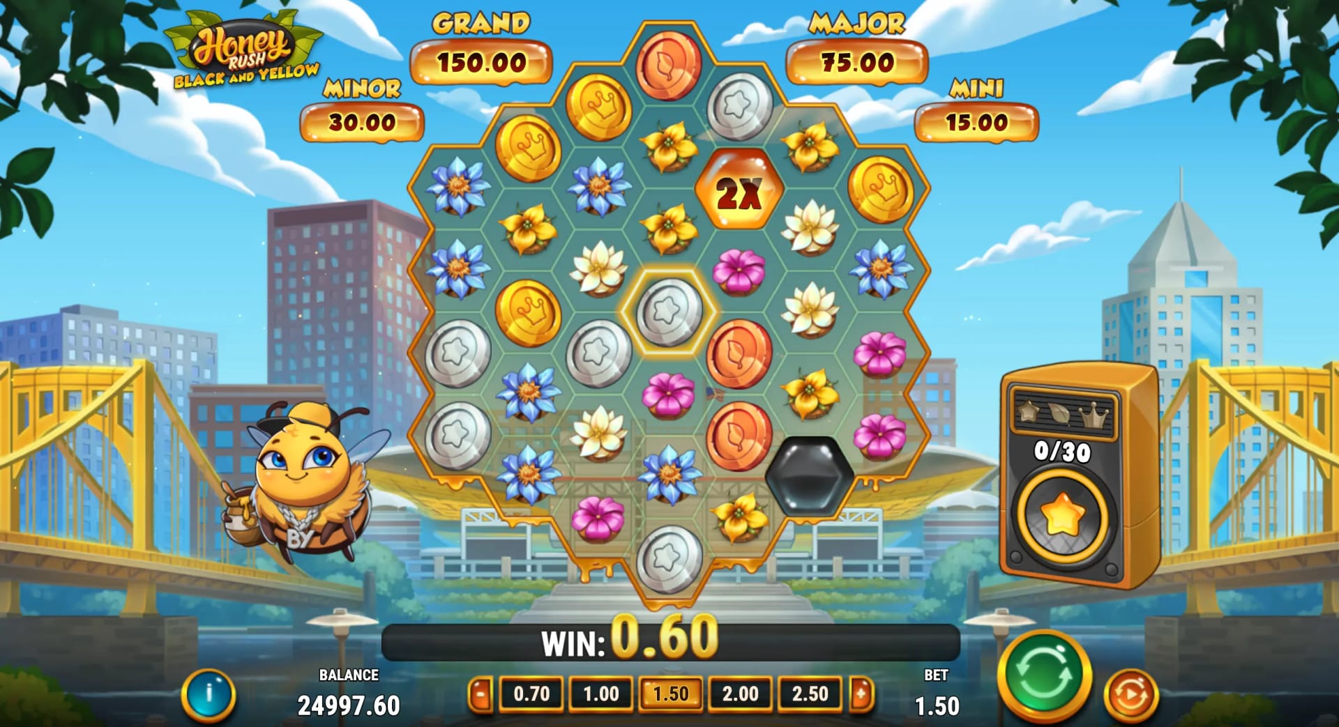 Gameplay-Screenshot des Honey Rush Black and Yellow Demo-Slots von Play'n GO