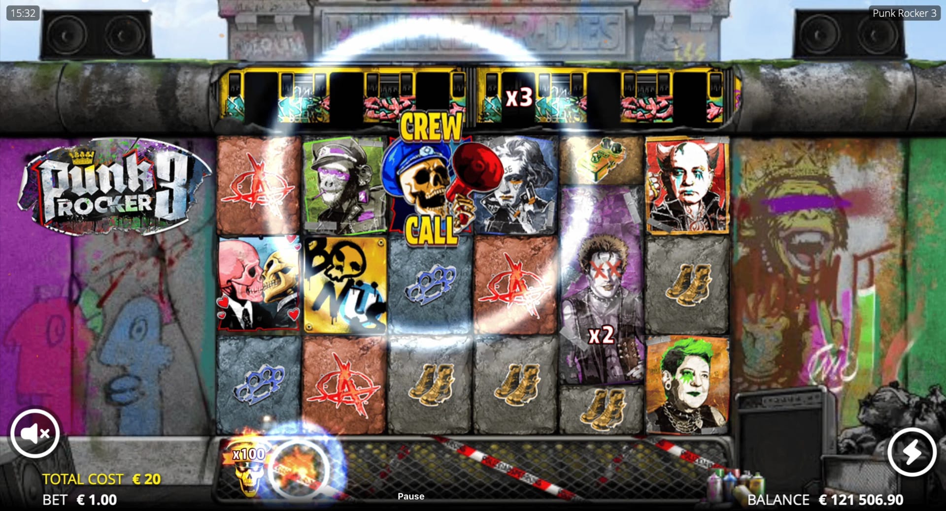 Captura de pantalla del juego de la tragamonedas demo Punk Rocker 3 de NoLimit City