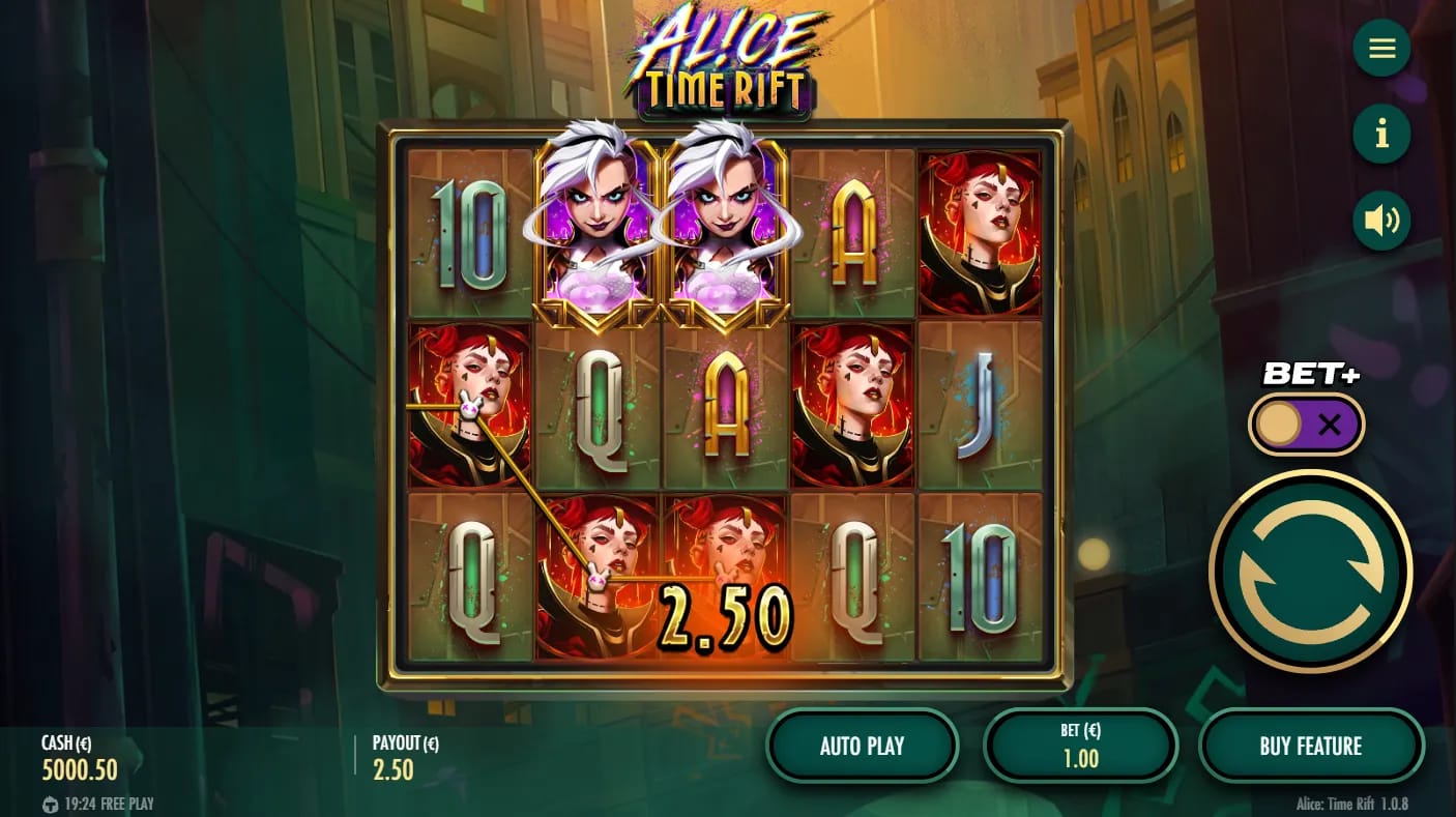 Gameplay-Screenshot des Alice Time Rift Demo-Slots von Thunderkick