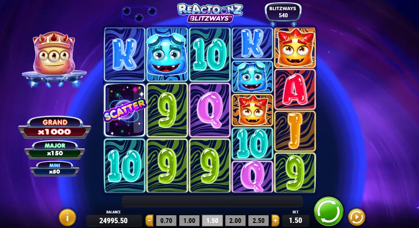Gameplay-Screenshot des Reactoonz Blitzways Demo-Slots von Play'n GO