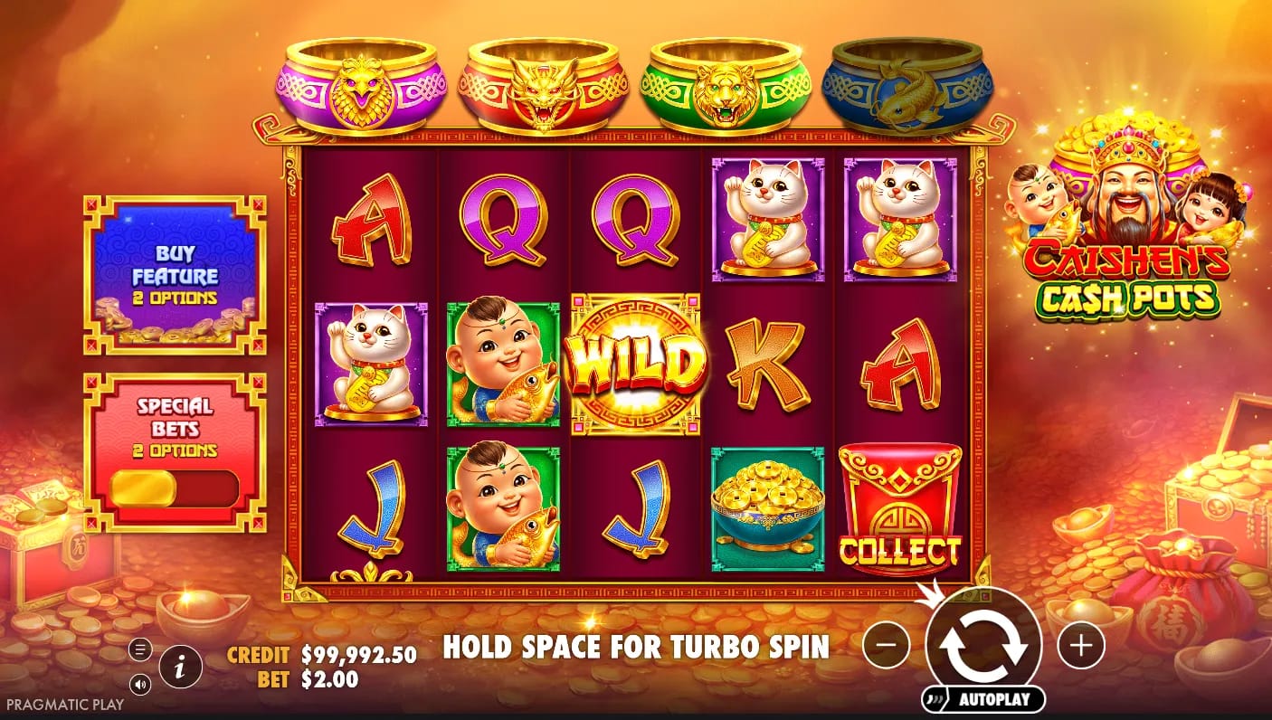 Gameplay-Screenshot des Caishen's Cash Pots Demo-Slots von Pragmatic Play