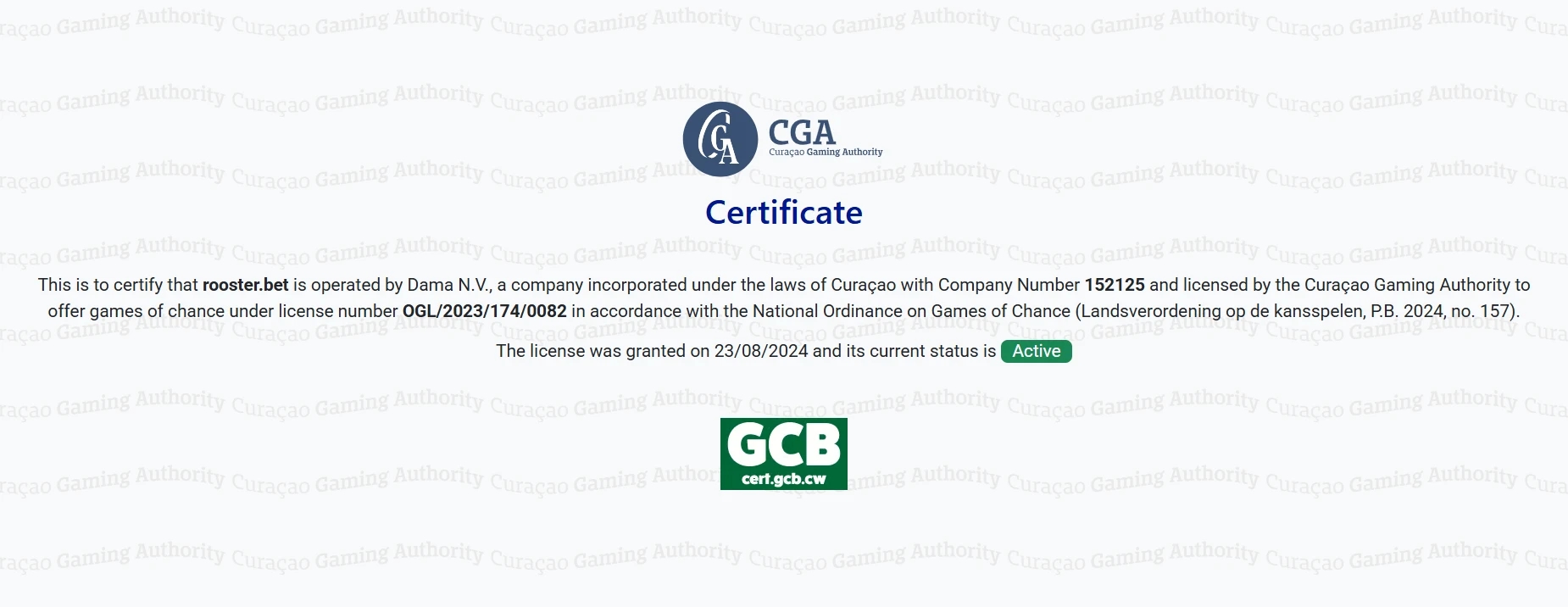 Rooster Bet License Certificate