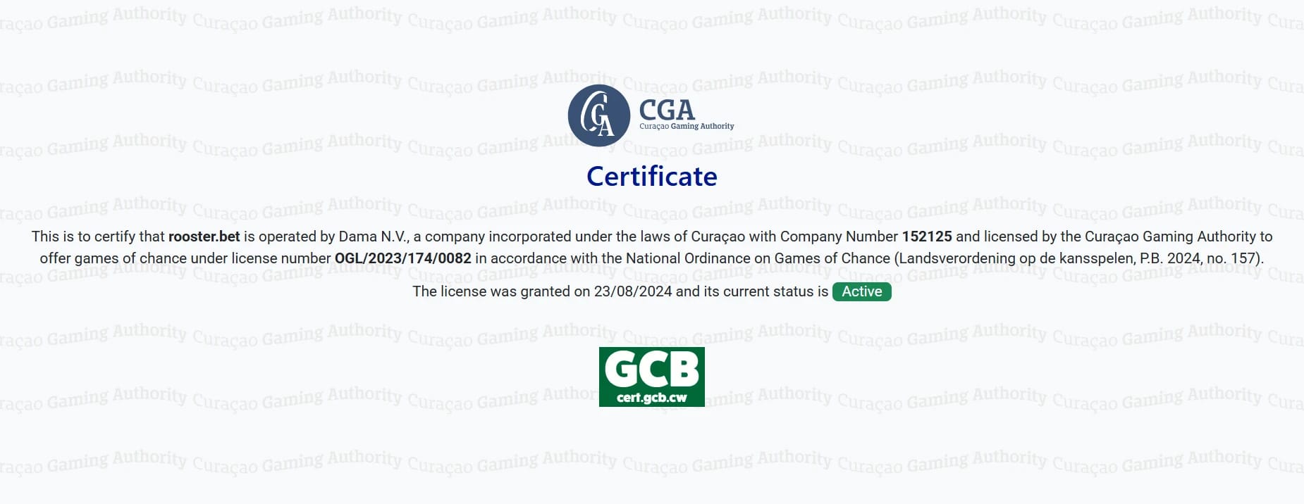 Rooster Bet License Certificate