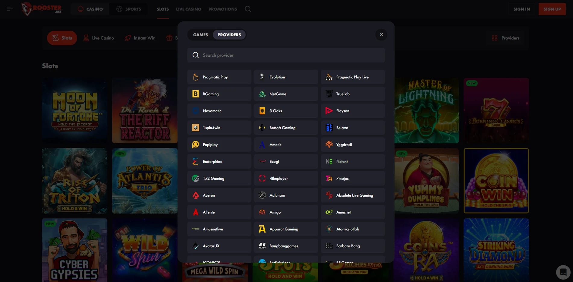 Rooster Bet Provider Filter Table