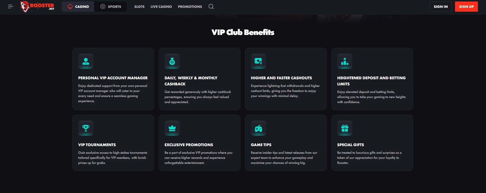 Rooster Bet VIP Benefits Image