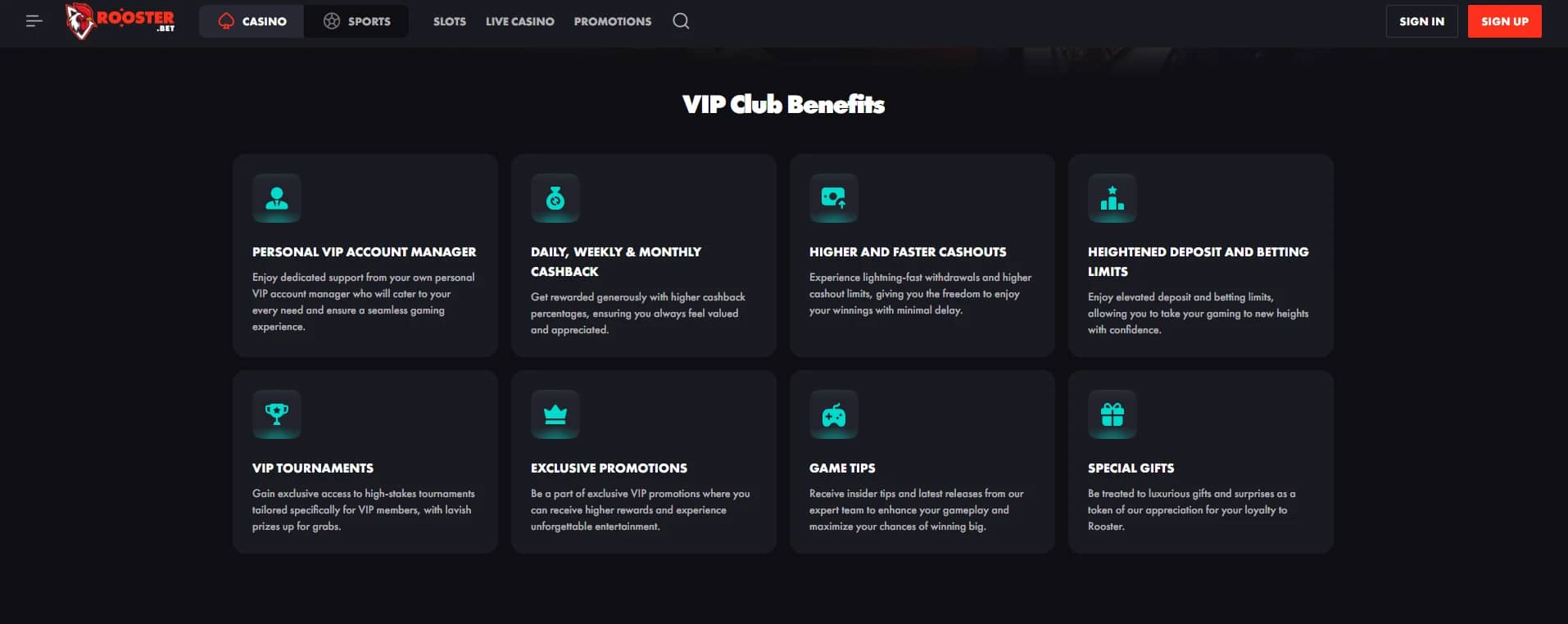 Rooster Bet VIP Benefits Image