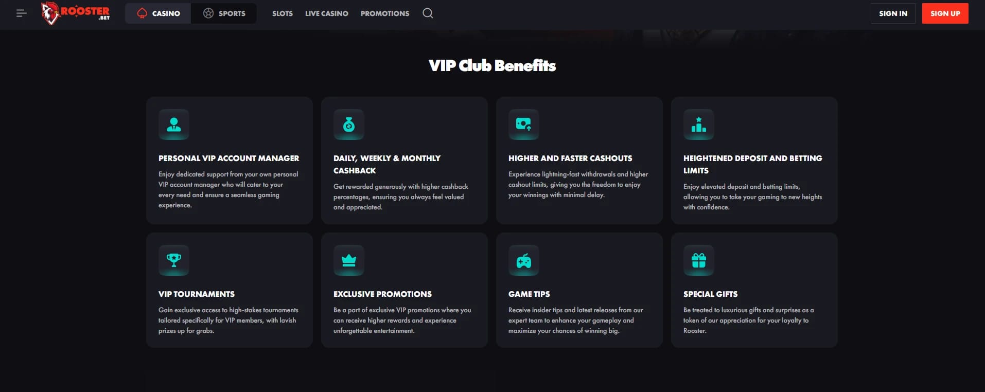 Rooster Bet VIP Benefits Image