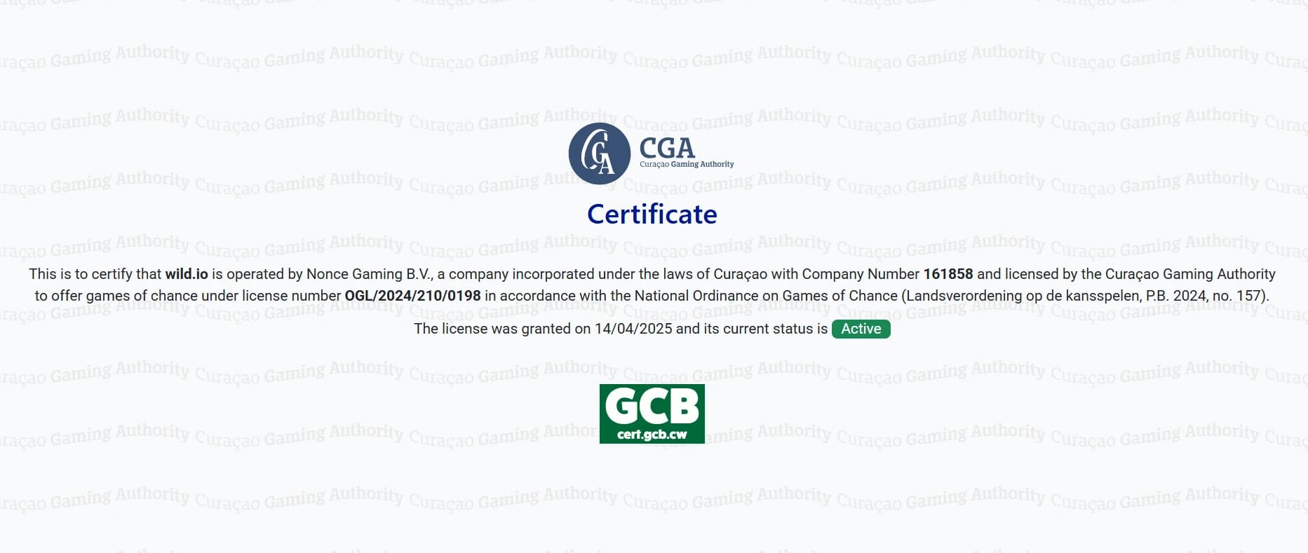 Wild.io License Certificate