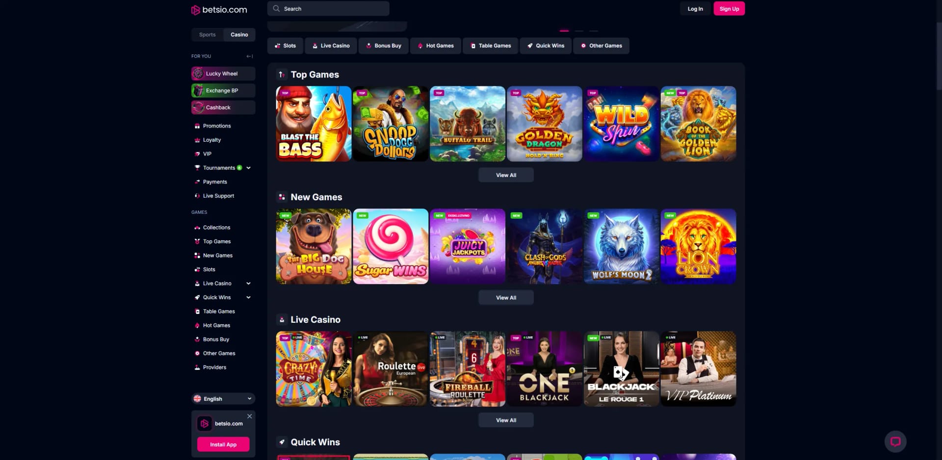Betsio Casino Lobby